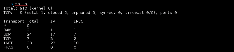 Terminal output of the command ss -s