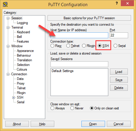Windows PuTTY Configuration window with SSH option selected and port 22