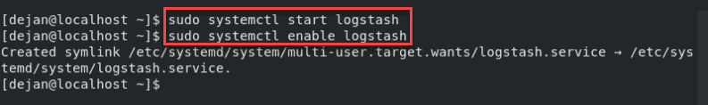 Terminal commands to start and enable the Logstash service.