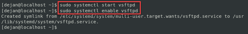 This image shows how to start and enable the vsftpd service upon install.