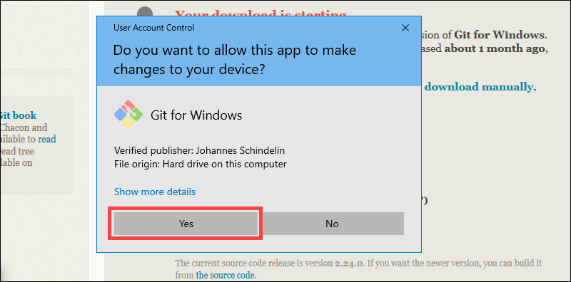 Initiate the Git installation process by selecting Yes