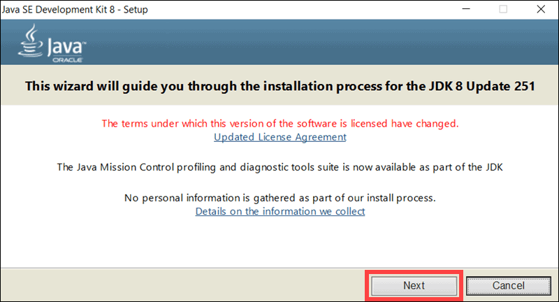 screenshot of the first step to Java 8 installation on Windows