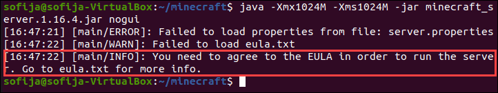 Minecraft server EULA error.