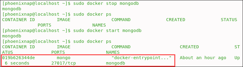 Terminal images that confirm that MongoDB has stopped and been restarted.