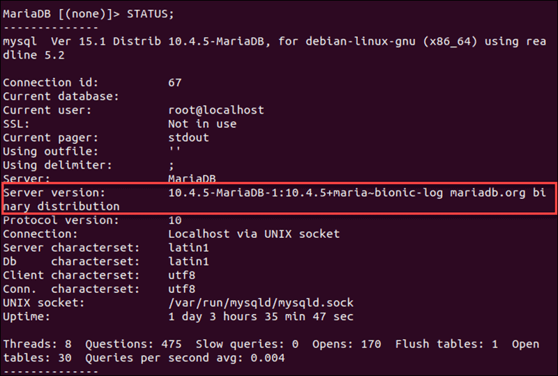 Uptime and Threads in MariaDB with status command.