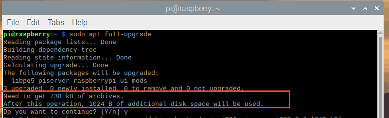The terminal output for sudo apt full-upgrade in Raspbian