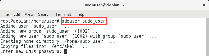 output after adduser sudo user command in debian