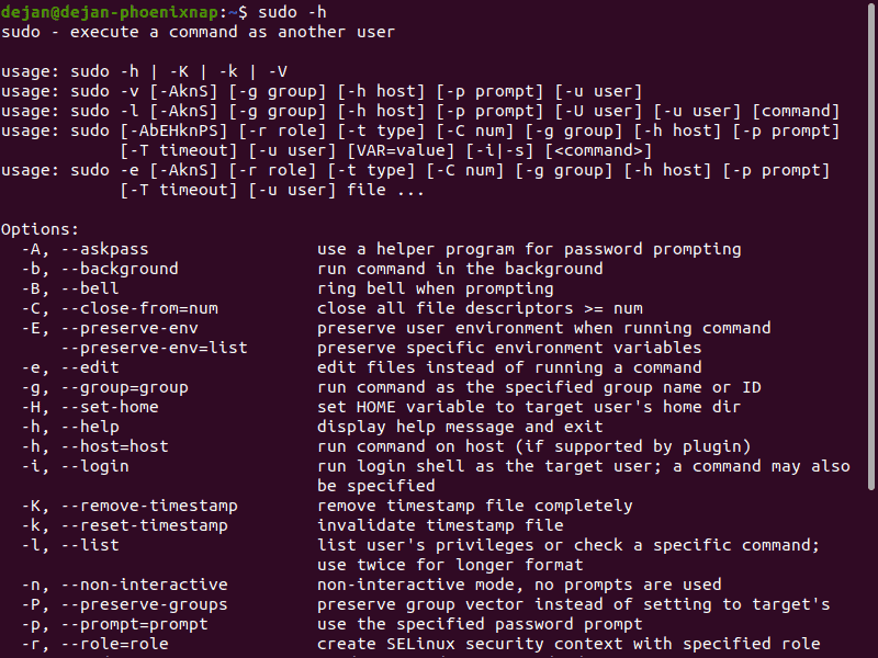 Options related to the sudo command in Linux.