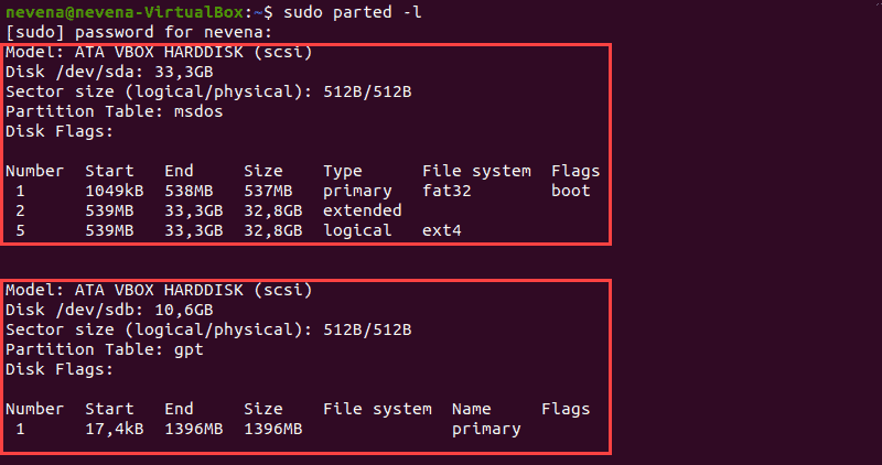 Storage devices and partitions output