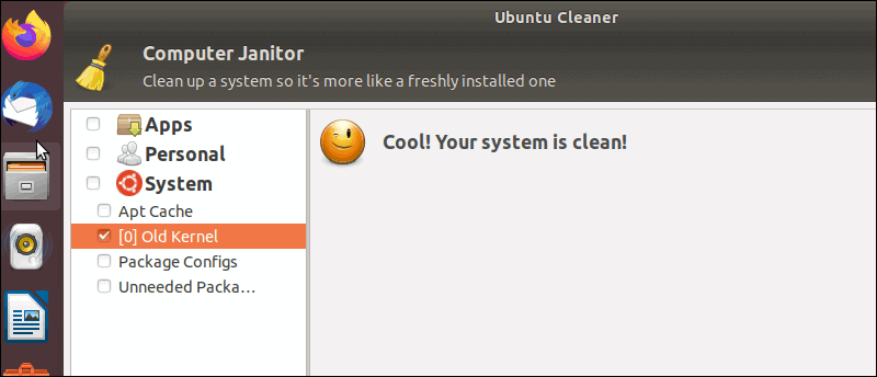 Ubuntu Cleaner informs you that the system has been cleaned.