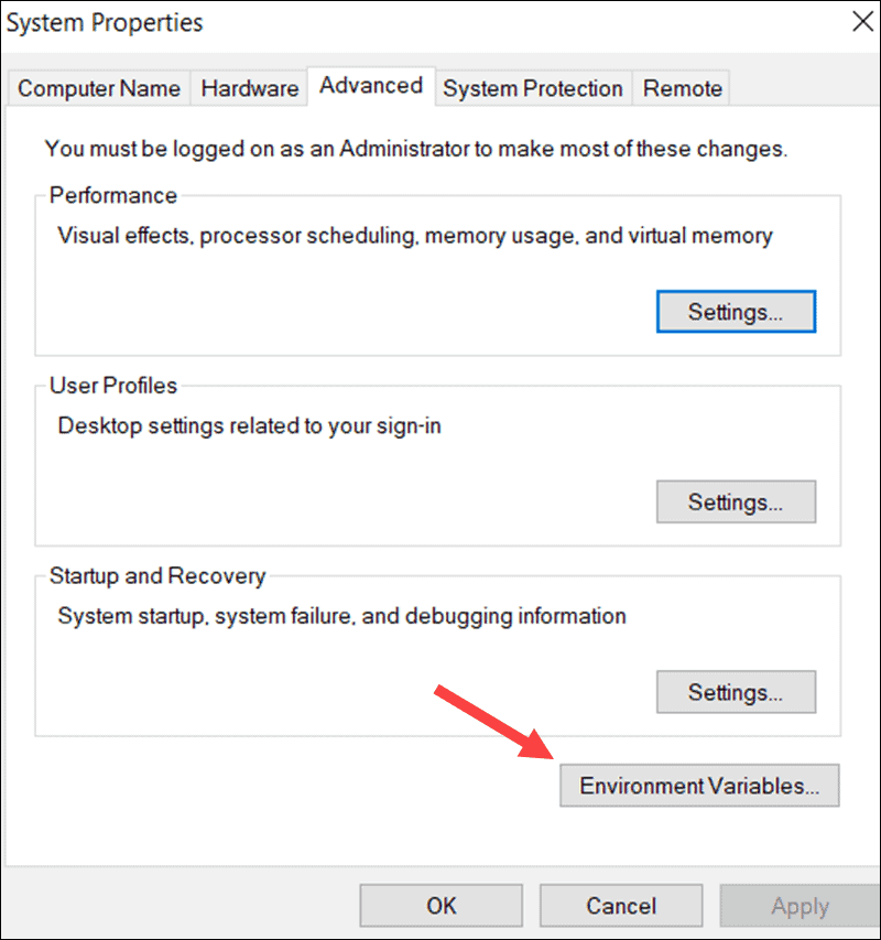 Location of the Environment Variables tab in system properties.