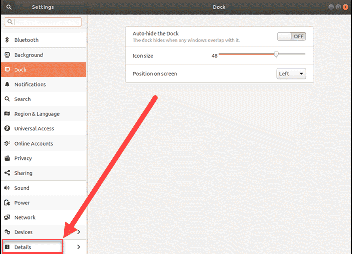 system settings details of Ubuntu