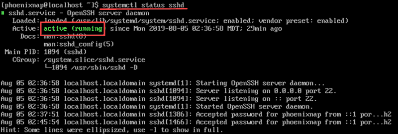 Check sshd status with systemctl command