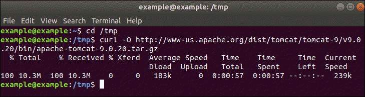 Use the curl command to download the Tomcat package.