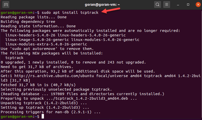 Install TCPtrack on Linux.