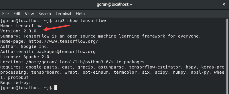 TensorFlow version in CentOS Terminal
