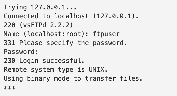 output after testing ftp server on CentOS 7