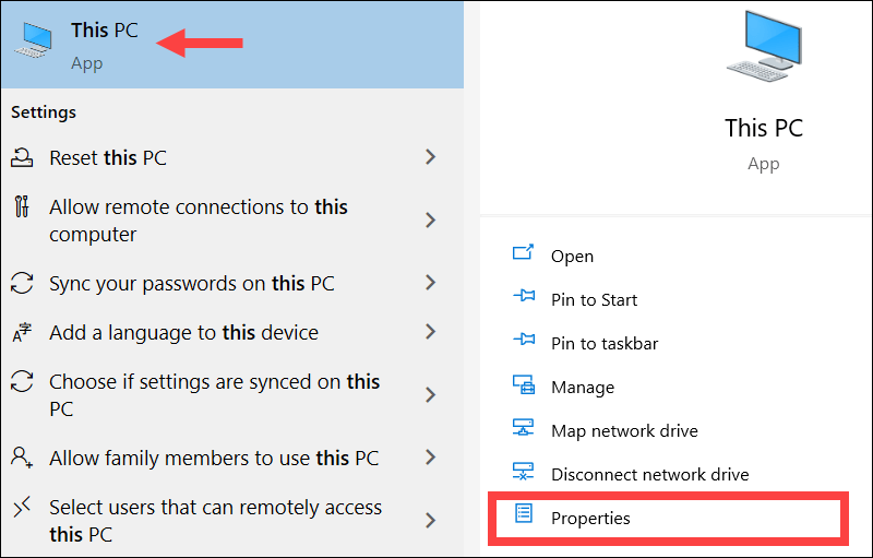 Location of teh Properties option on This PC screen.