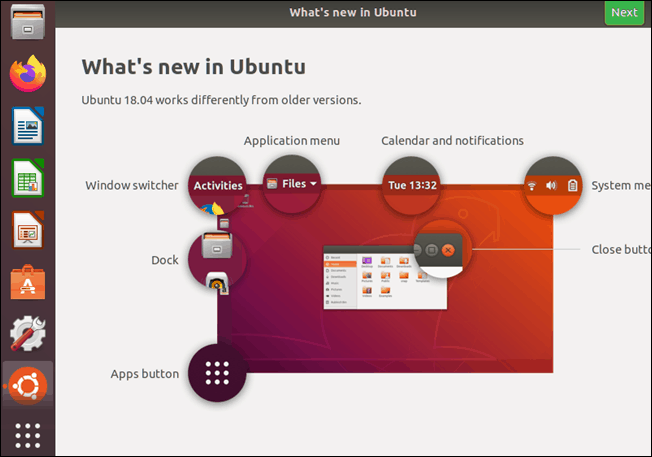 Ubuntu 18.04 welcome screen.