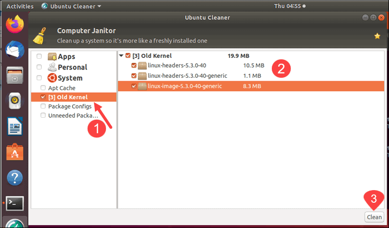 Location of the options necessary to remove old kernels with the Ubuntu Cleaner.