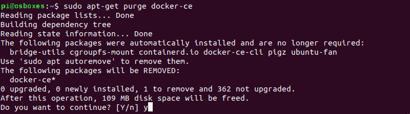 Uninstall docker on raspberry pi using the purge command.