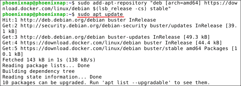 Retrieve Docker and update repositories.