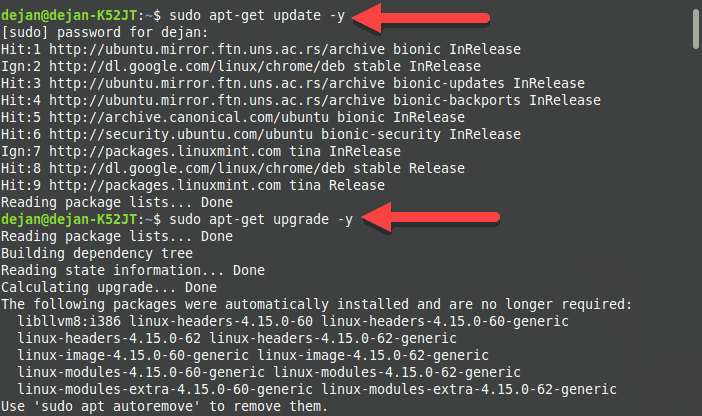 Updating the software package list on Ubuntu.