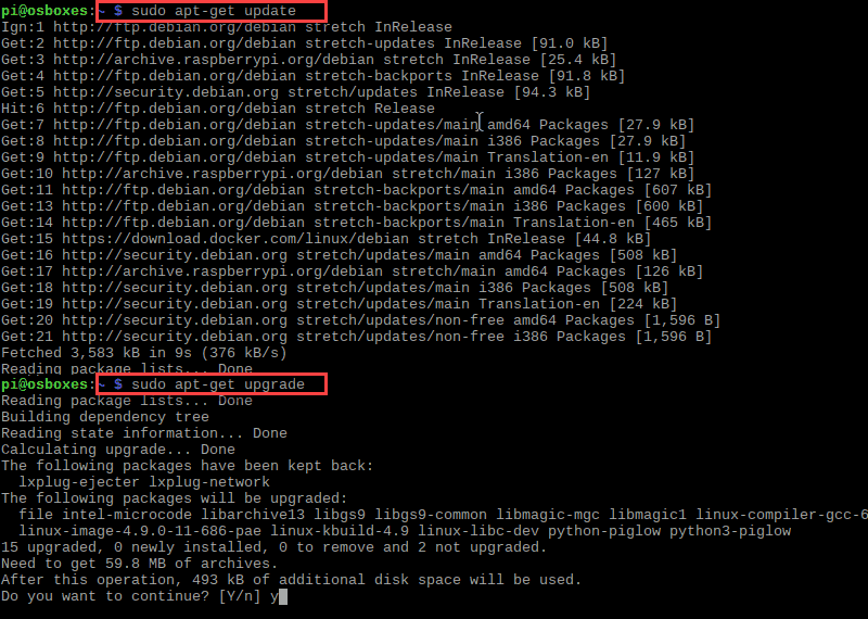 Updating and upgrading Raspbian repositories before installation of Docker on Raspberry Pi.