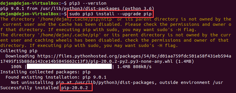example of upgrading to the latest version of Pip.