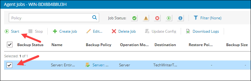 Steps to start backup job in VAC