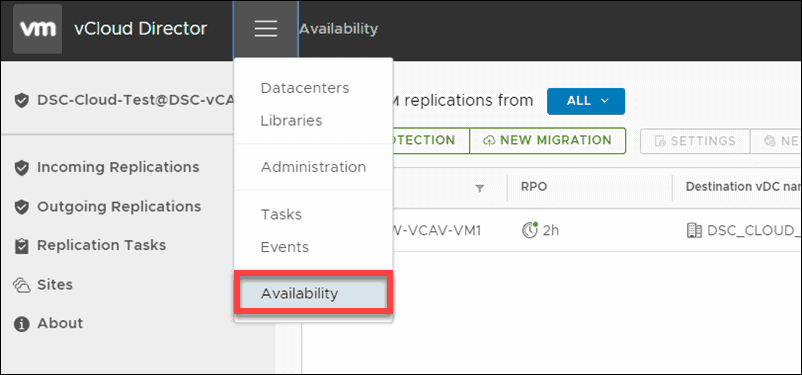 vcloud director menu with availability highlighted