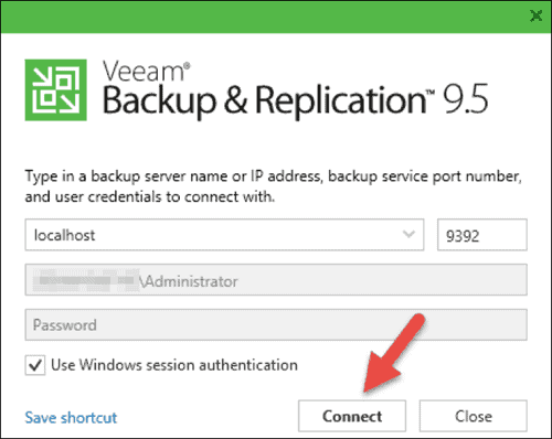veeam backup and replication 9.5 connection window 