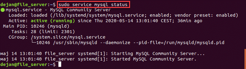 Image of a terminal output displaying that MySQL is active.