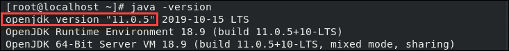 The command for checking Java version and output showing OpenJDK 11 installed on CentOS 8.