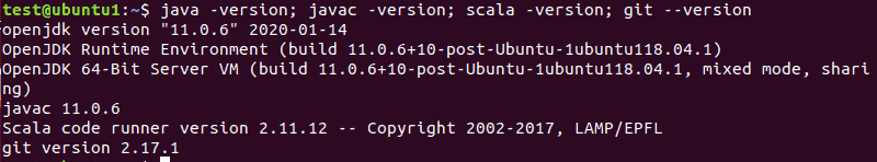 Terminal output when verifying Java, Git and Scala versions.