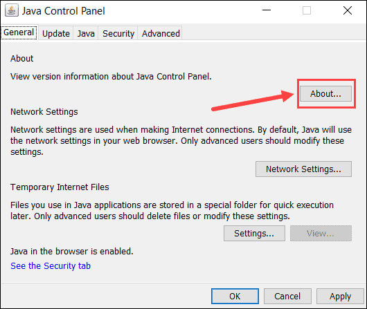 Viewing information about the Java control panel