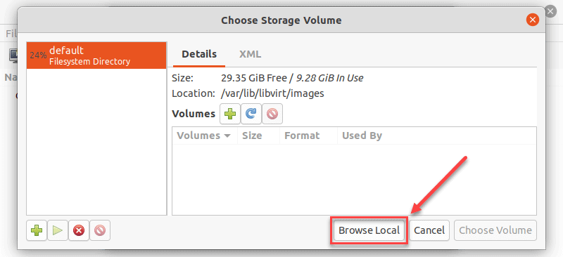 Choosing storage volume in virt manager on Ubuntu 20.04