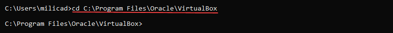 Navigating to the VirtualBox folder using cd command in the command prompt required for installing VirtualBox Extension pack on Linux