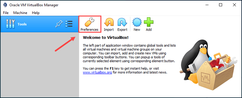 VirtualBox GUI preferences for enabling VirtualBox Extension pack