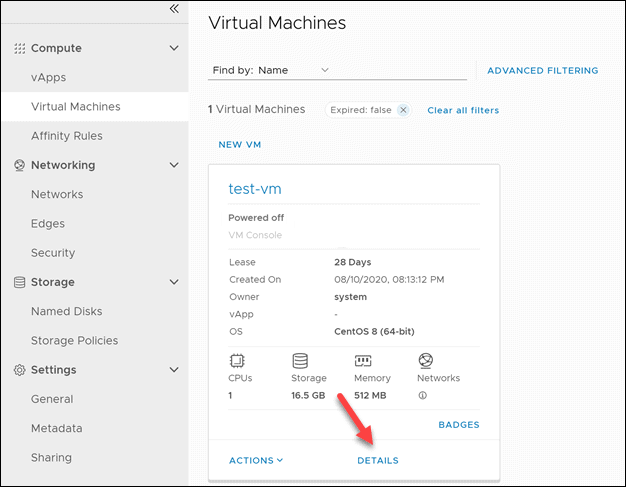 Additional VM details in the Cloud Director Portal.