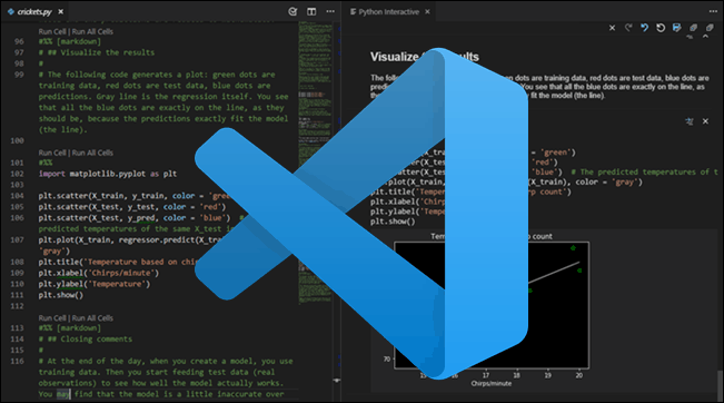 Visual Studio Code with editor on the left, notebook environment on the right and the official logo in the center