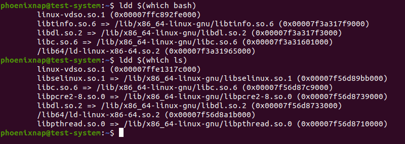 Listing the libraries associated with the bash and ls commands