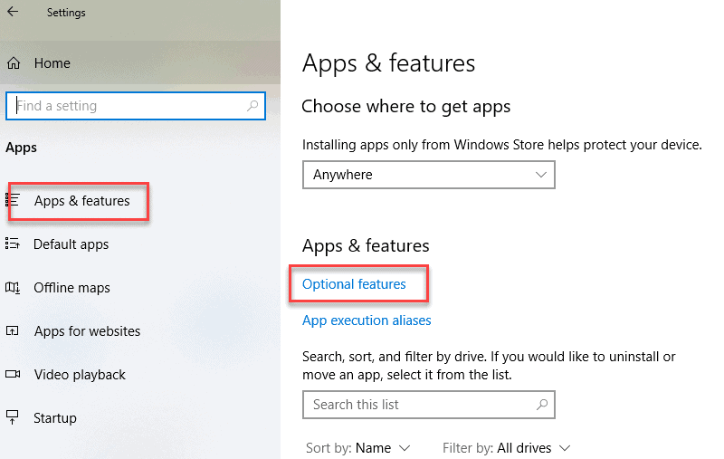 screenshot of Windows Optional Features