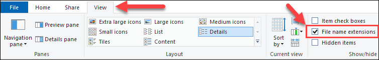 Windows explorer enabling file extensions view menu.