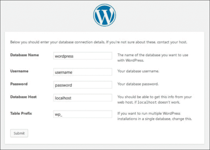 wordpress database connection details