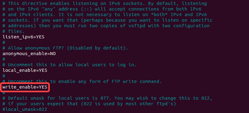 Write_Enable option in vsftpd.config file.