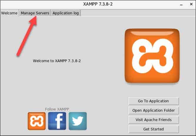 xampp control panel with manage servers tag selected