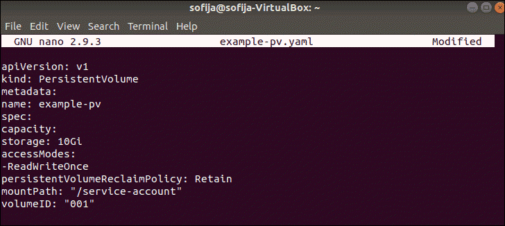 An example of a yaml file configuration for a persistent volume.