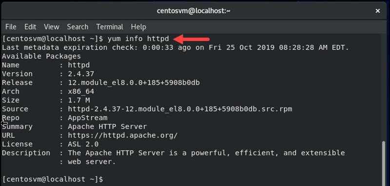 terminal with yum info command