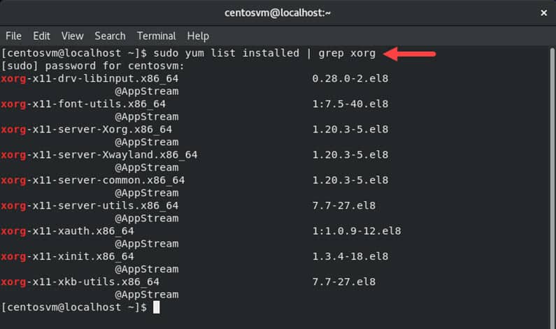 terminal yum list packages command with grep